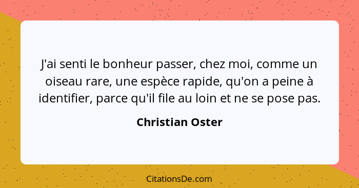 J'ai senti le bonheur passer, chez moi, comme un oiseau rare, une espèce rapide, qu'on a peine à identifier, parce qu'il file au loi... - Christian Oster