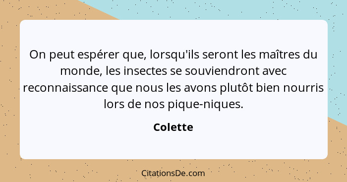 On peut espérer que, lorsqu'ils seront les maîtres du monde, les insectes se souviendront avec reconnaissance que nous les avons plutôt bien... - Colette