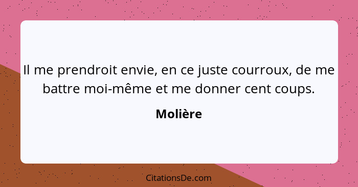 Il me prendroit envie, en ce juste courroux, de me battre moi-même et me donner cent coups.... - Molière