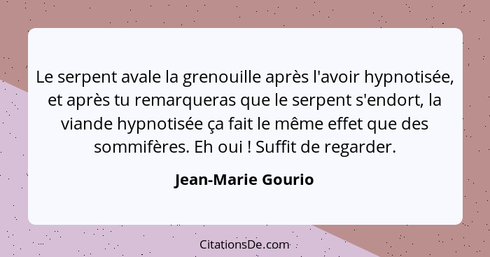 Le serpent avale la grenouille après l'avoir hypnotisée, et après tu remarqueras que le serpent s'endort, la viande hypnotisée ça... - Jean-Marie Gourio