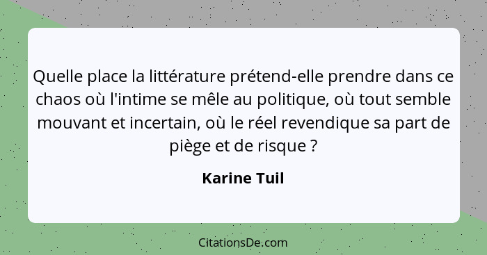 Quelle place la littérature prétend-elle prendre dans ce chaos où l'intime se mêle au politique, où tout semble mouvant et incertain, où... - Karine Tuil