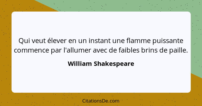 Qui veut élever en un instant une flamme puissante commence par l'allumer avec de faibles brins de paille.... - William Shakespeare