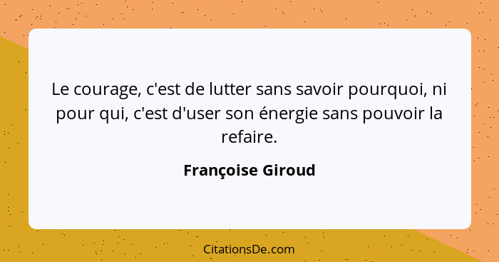 Le courage, c'est de lutter sans savoir pourquoi, ni pour qui, c'est d'user son énergie sans pouvoir la refaire.... - Françoise Giroud