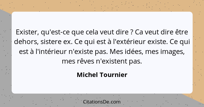 Exister, qu'est-ce que cela veut dire ? Ca veut dire être dehors, sistere ex. Ce qui est à l'extérieur existe. Ce qui est à l'i... - Michel Tournier