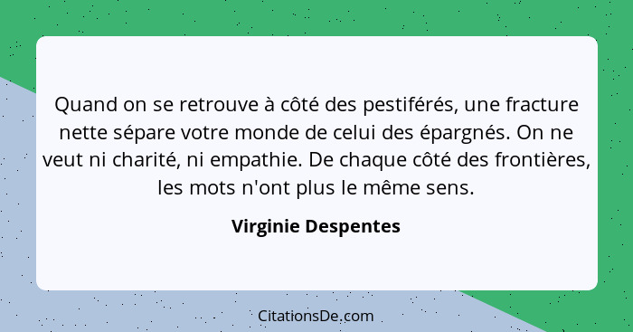 Quand on se retrouve à côté des pestiférés, une fracture nette sépare votre monde de celui des épargnés. On ne veut ni charité, n... - Virginie Despentes