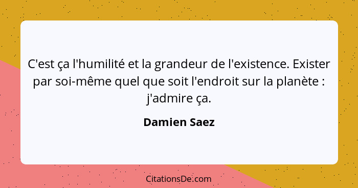 C'est ça l'humilité et la grandeur de l'existence. Exister par soi-même quel que soit l'endroit sur la planète : j'admire ça.... - Damien Saez