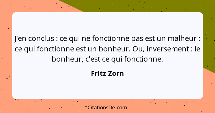 J'en conclus : ce qui ne fonctionne pas est un malheur ; ce qui fonctionne est un bonheur. Ou, inversement : le bonheur, c... - Fritz Zorn