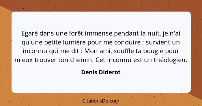 Egaré dans une forêt immense pendant la nuit, je n'ai qu'une petite lumière pour me conduire ; survient un inconnu qui me dit&nbs... - Denis Diderot