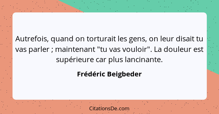 Autrefois, quand on torturait les gens, on leur disait tu vas parler ; maintenant "tu vas vouloir". La douleur est supérieur... - Frédéric Beigbeder