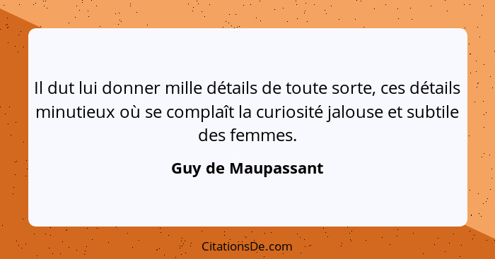 Il dut lui donner mille détails de toute sorte, ces détails minutieux où se complaît la curiosité jalouse et subtile des femmes.... - Guy de Maupassant