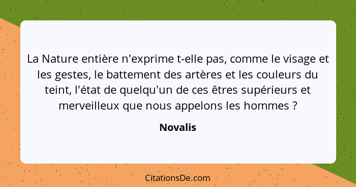 La Nature entière n'exprime t-elle pas, comme le visage et les gestes, le battement des artères et les couleurs du teint, l'état de quelqu'u... - Novalis