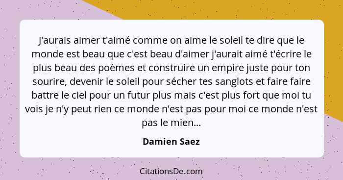 J'aurais aimer t'aimé comme on aime le soleil te dire que le monde est beau que c'est beau d'aimer j'aurait aimé t'écrire le plus beau d... - Damien Saez