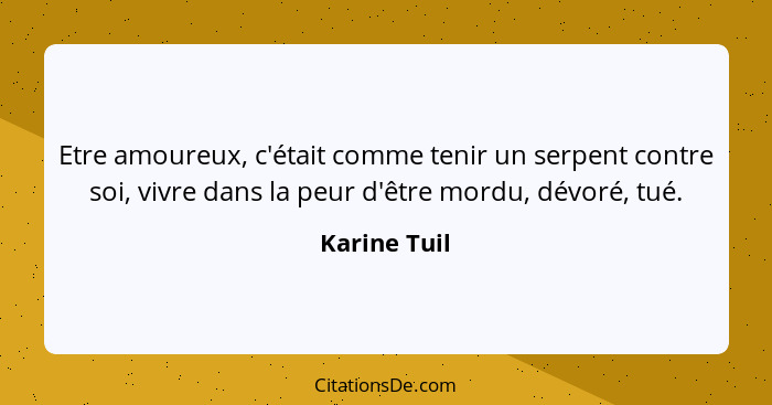 Etre amoureux, c'était comme tenir un serpent contre soi, vivre dans la peur d'être mordu, dévoré, tué.... - Karine Tuil