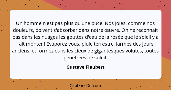 Un homme n'est pas plus qu'une puce. Nos joies, comme nos douleurs, doivent s'absorber dans notre œuvre. On ne reconnaît pas dans l... - Gustave Flaubert