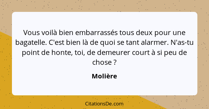 Vous voilà bien embarrassés tous deux pour une bagatelle. C'est bien là de quoi se tant alarmer. N'as-tu point de honte, toi, de demeurer co... - Molière