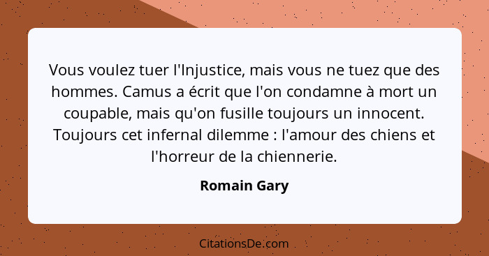 Vous voulez tuer l'Injustice, mais vous ne tuez que des hommes. Camus a écrit que l'on condamne à mort un coupable, mais qu'on fusille t... - Romain Gary