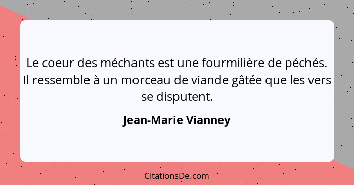 Le coeur des méchants est une fourmilière de péchés. Il ressemble à un morceau de viande gâtée que les vers se disputent.... - Jean-Marie Vianney