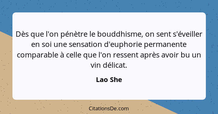 Dès que l'on pénètre le bouddhisme, on sent s'éveiller en soi une sensation d'euphorie permanente comparable à celle que l'on ressent après... - Lao She