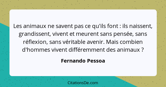 Les animaux ne savent pas ce qu'ils font : ils naissent, grandissent, vivent et meurent sans pensée, sans réflexion, sans vérit... - Fernando Pessoa