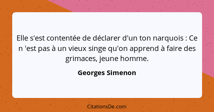 Elle s'est contentée de déclarer d'un ton narquois : Ce n 'est pas à un vieux singe qu'on apprend à faire des grimaces, jeune h... - Georges Simenon