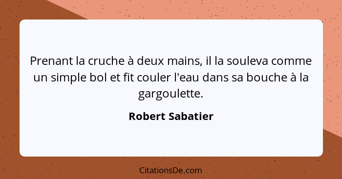 Prenant la cruche à deux mains, il la souleva comme un simple bol et fit couler l'eau dans sa bouche à la gargoulette.... - Robert Sabatier