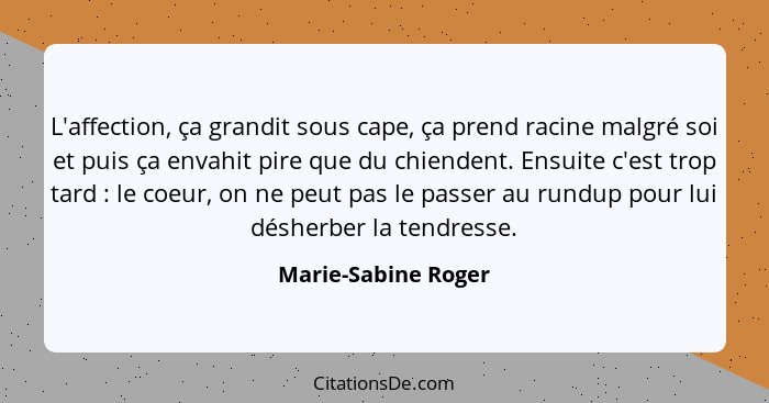 L'affection, ça grandit sous cape, ça prend racine malgré soi et puis ça envahit pire que du chiendent. Ensuite c'est trop tard&n... - Marie-Sabine Roger