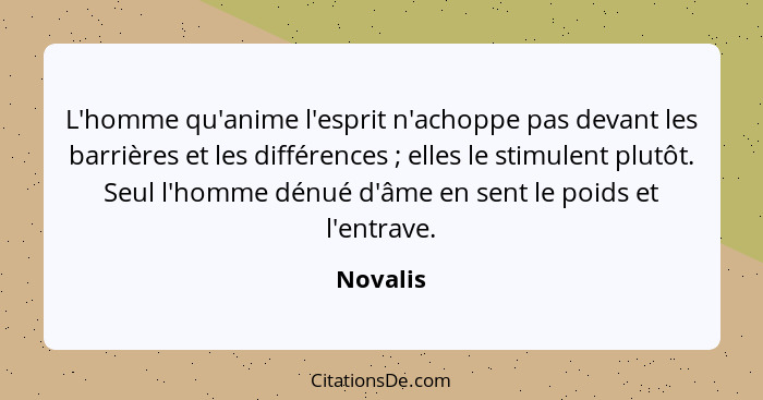 L'homme qu'anime l'esprit n'achoppe pas devant les barrières et les différences ; elles le stimulent plutôt. Seul l'homme dénué d'âme e... - Novalis