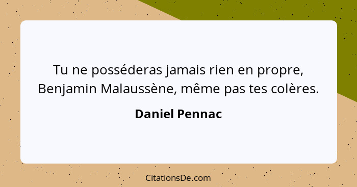 Tu ne posséderas jamais rien en propre, Benjamin Malaussène, même pas tes colères.... - Daniel Pennac