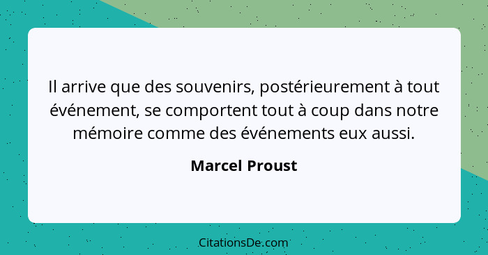 Il arrive que des souvenirs, postérieurement à tout événement, se comportent tout à coup dans notre mémoire comme des événements eux a... - Marcel Proust