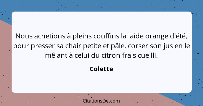 Nous achetions à pleins couffins la laide orange d'été, pour presser sa chair petite et pâle, corser son jus en le mêlant à celui du citron... - Colette