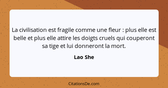 La civilisation est fragile comme une fleur : plus elle est belle et plus elle attire les doigts cruels qui couperont sa tige et lui do... - Lao She