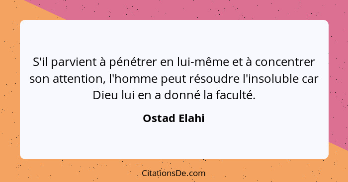 S'il parvient à pénétrer en lui-même et à concentrer son attention, l'homme peut résoudre l'insoluble car Dieu lui en a donné la faculté... - Ostad Elahi