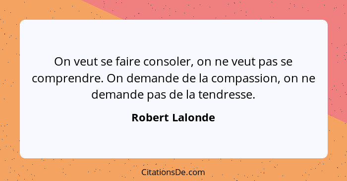 On veut se faire consoler, on ne veut pas se comprendre. On demande de la compassion, on ne demande pas de la tendresse.... - Robert Lalonde