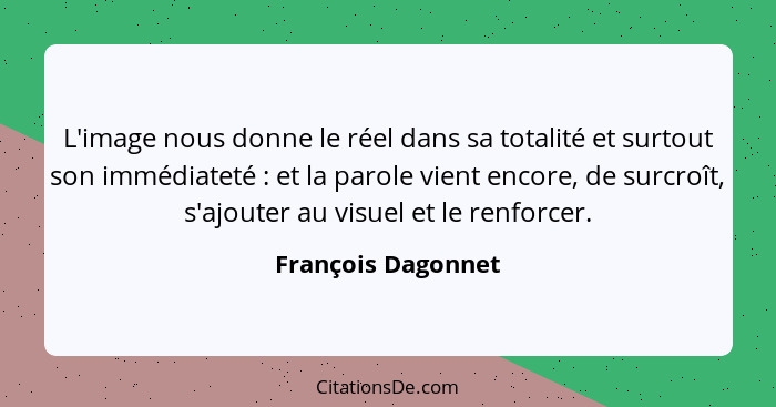 L'image nous donne le réel dans sa totalité et surtout son immédiateté : et la parole vient encore, de surcroît, s'ajouter au... - François Dagonnet