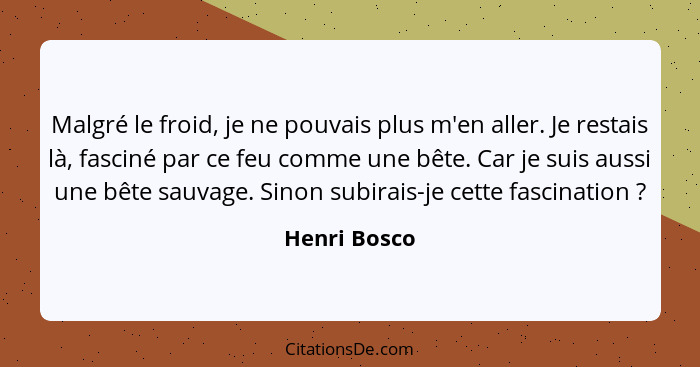 Malgré le froid, je ne pouvais plus m'en aller. Je restais là, fasciné par ce feu comme une bête. Car je suis aussi une bête sauvage. Si... - Henri Bosco