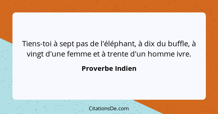 Tiens-toi à sept pas de l'éléphant, à dix du buffle, à vingt d'une femme et à trente d'un homme ivre.... - Proverbe Indien