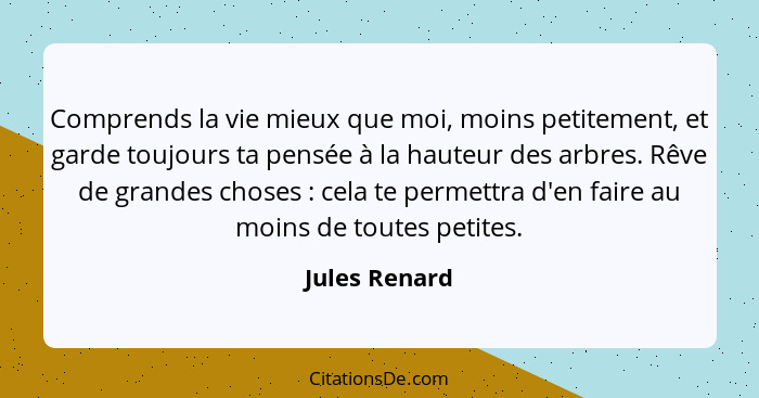 Comprends la vie mieux que moi, moins petitement, et garde toujours ta pensée à la hauteur des arbres. Rêve de grandes choses : ce... - Jules Renard