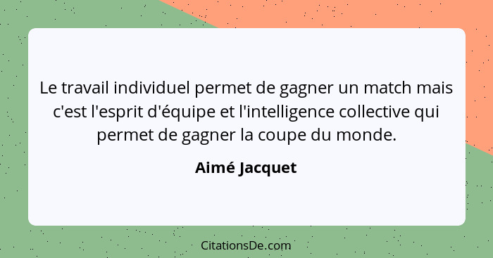 Le travail individuel permet de gagner un match mais c'est l'esprit d'équipe et l'intelligence collective qui permet de gagner la coupe... - Aimé Jacquet