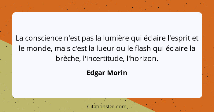 La conscience n'est pas la lumière qui éclaire l'esprit et le monde, mais c'est la lueur ou le flash qui éclaire la brèche, l'incertitud... - Edgar Morin