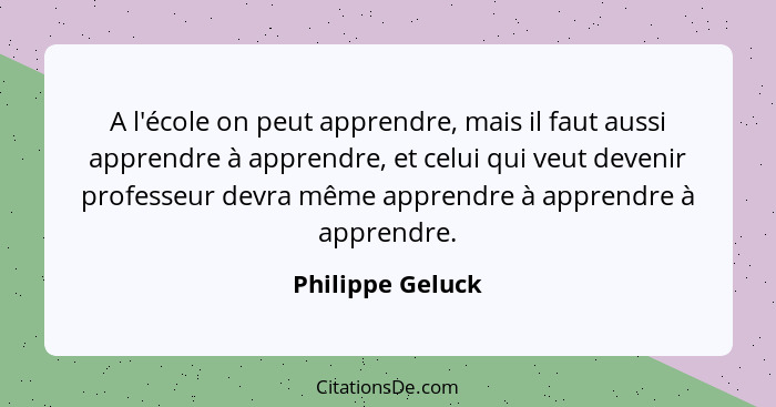 A l'école on peut apprendre, mais il faut aussi apprendre à apprendre, et celui qui veut devenir professeur devra même apprendre à a... - Philippe Geluck