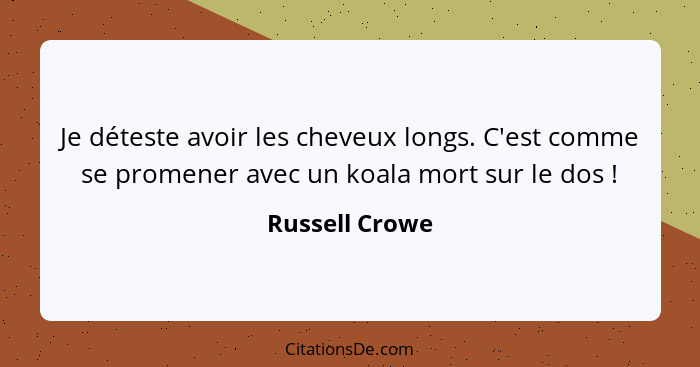 Je déteste avoir les cheveux longs. C'est comme se promener avec un koala mort sur le dos !... - Russell Crowe