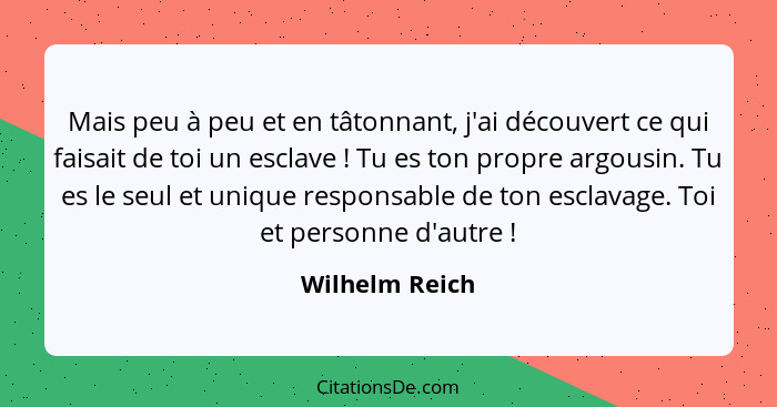 Mais peu à peu et en tâtonnant, j'ai découvert ce qui faisait de toi un esclave ! Tu es ton propre argousin. Tu es le seul et uni... - Wilhelm Reich