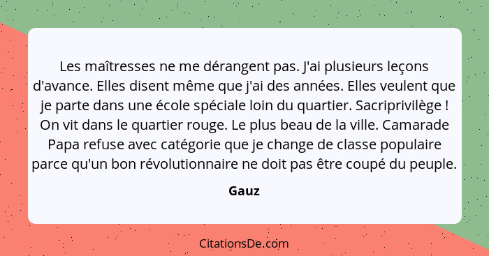 Les maîtresses ne me dérangent pas. J'ai plusieurs leçons d'avance. Elles disent même que j'ai des années. Elles veulent que je parte dans une... - Gauz