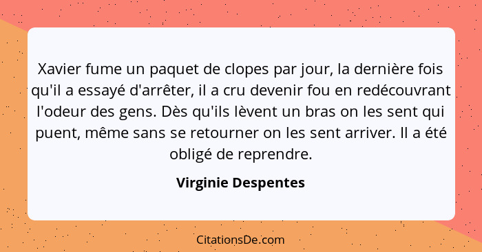 Xavier fume un paquet de clopes par jour, la dernière fois qu'il a essayé d'arrêter, il a cru devenir fou en redécouvrant l'odeur... - Virginie Despentes