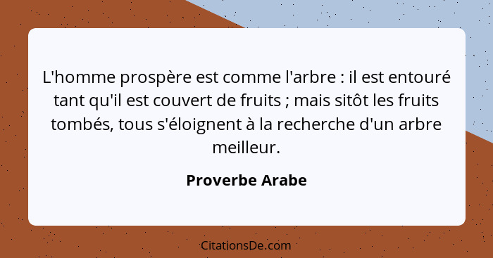 L'homme prospère est comme l'arbre : il est entouré tant qu'il est couvert de fruits ; mais sitôt les fruits tombés, tous s... - Proverbe Arabe