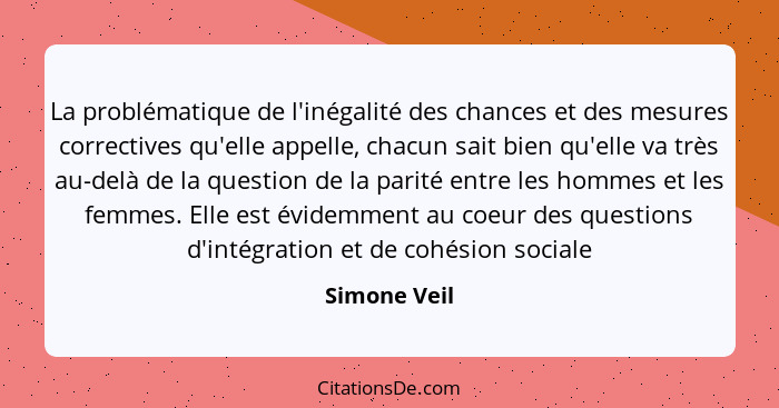 La problématique de l'inégalité des chances et des mesures correctives qu'elle appelle, chacun sait bien qu'elle va très au-delà de la q... - Simone Veil