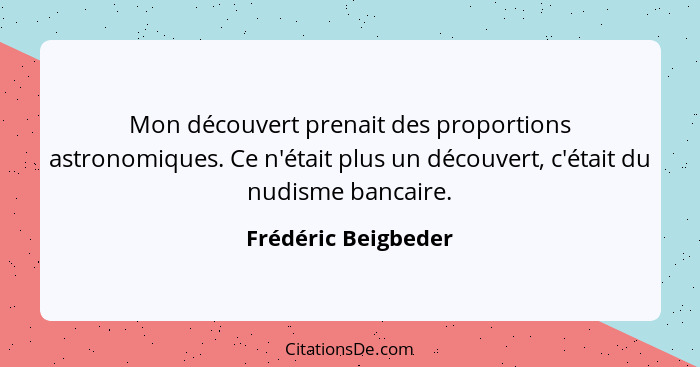 Mon découvert prenait des proportions astronomiques. Ce n'était plus un découvert, c'était du nudisme bancaire.... - Frédéric Beigbeder