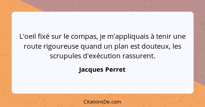 L'oeil fixé sur le compas, je m'appliquais à tenir une route rigoureuse quand un plan est douteux, les scrupules d'exécution rassuren... - Jacques Perret