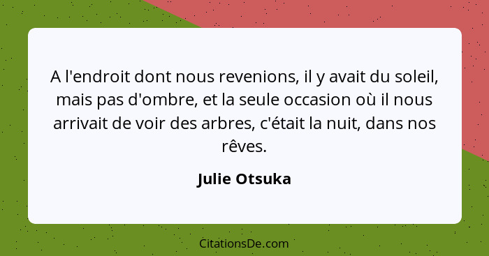 A l'endroit dont nous revenions, il y avait du soleil, mais pas d'ombre, et la seule occasion où il nous arrivait de voir des arbres, c... - Julie Otsuka