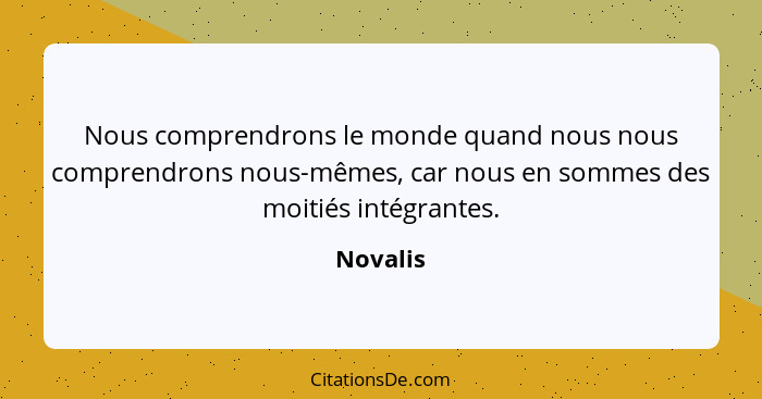 Nous comprendrons le monde quand nous nous comprendrons nous-mêmes, car nous en sommes des moitiés intégrantes.... - Novalis